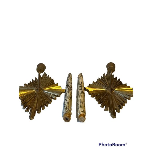 RARE MCM Hollywood Syroco Wood Gold Starburst Wall Sconces with Wood Candles - Picture 5 of 9